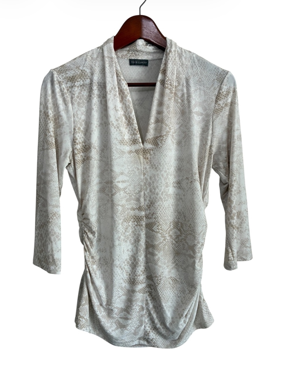Vince Camuto White / Tan Snakeskin Print Ruched V-Neck Top 3/4 Sleeve Size Small